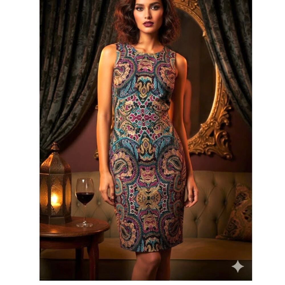 Joseph Ribkoff multi-color paisley print sheath dress size 4